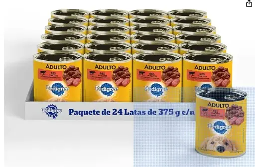 Pedigree Alimento para Perros Adultos, Sabor Res En Filetes 375 Gr, Paquete De 24 Latas